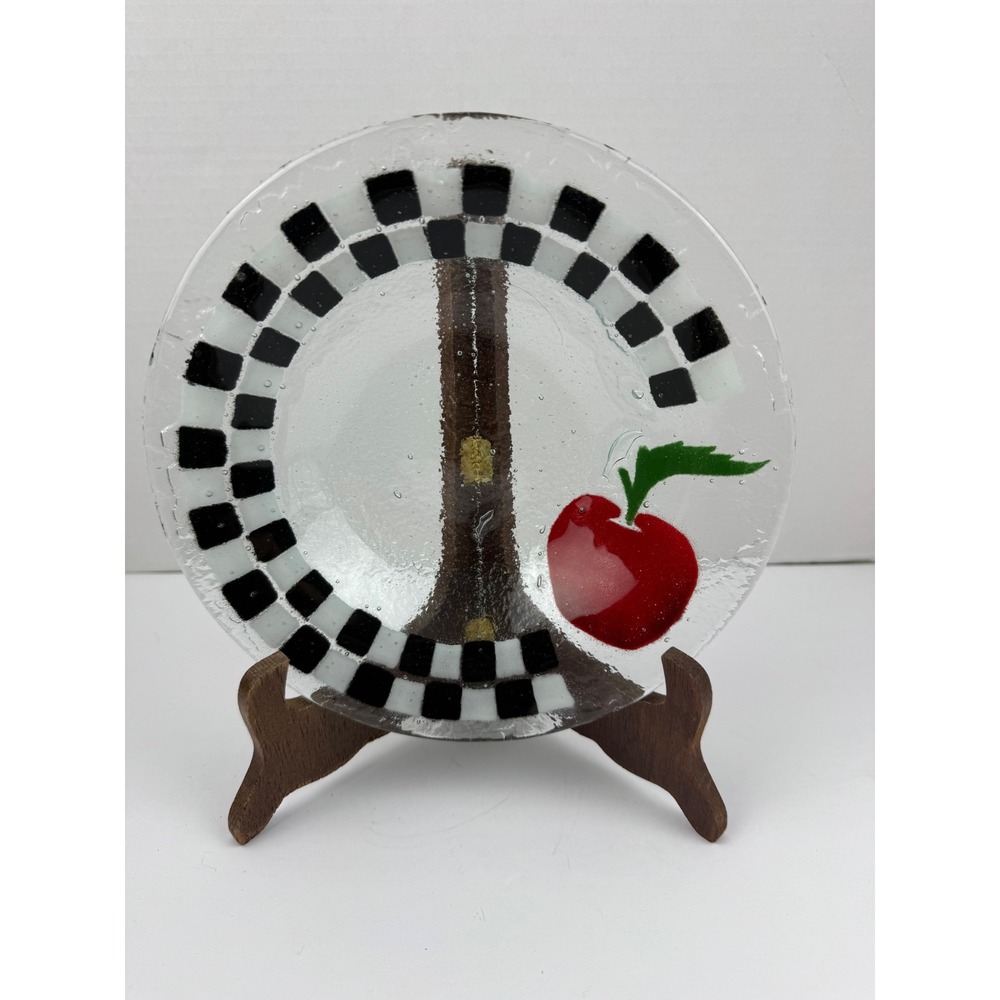 Peggy Karr Fused Glass Bowl Red Apple Black White Checkered Clear Textured